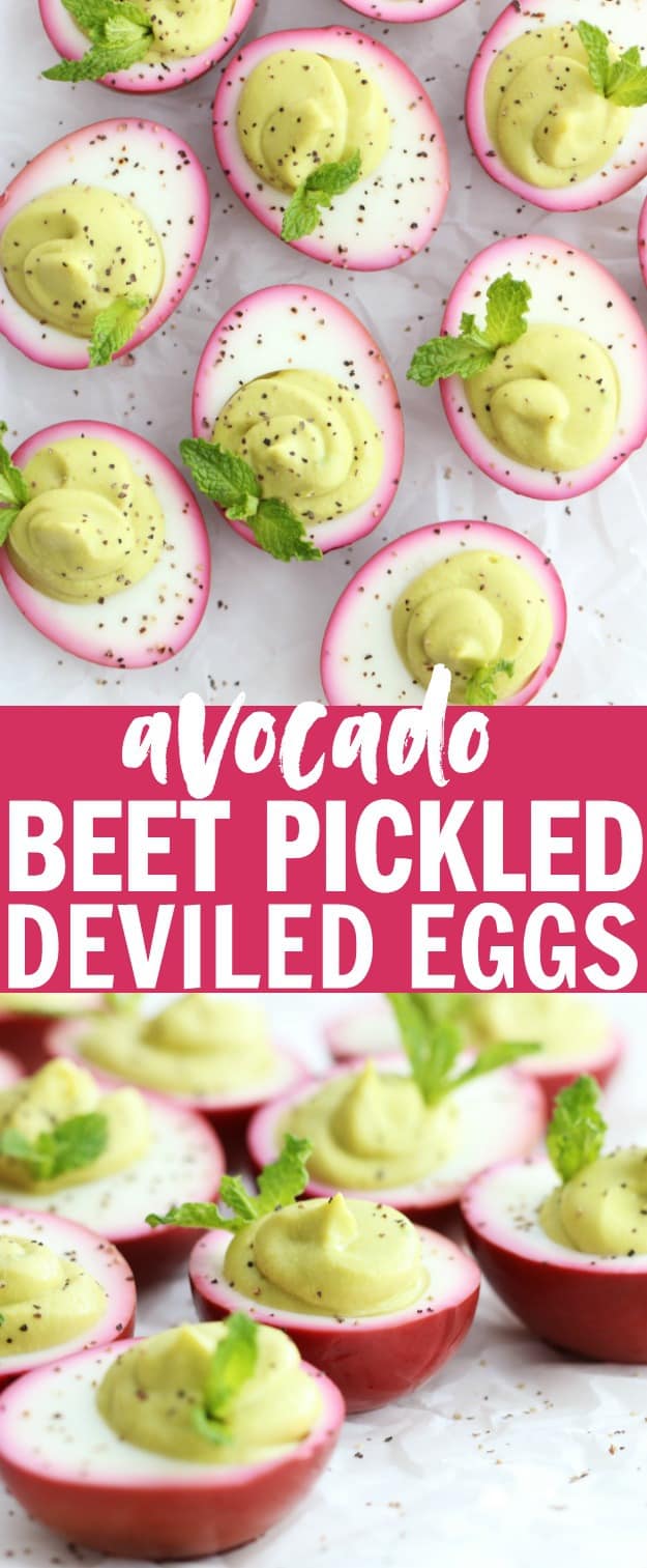 I am in LOVE with these Beet Pickled Avocado Deviled Eggs! They're such a fun combo of tangy and creamy! They make for a perfect party appetizer, guaranteed to bring the smiles! thetoastedpinenut.com #thetoastedpinenut #beet #pickled #avocado #deviledeggs #lowcarb #glutenfree #party #appetizer #easter