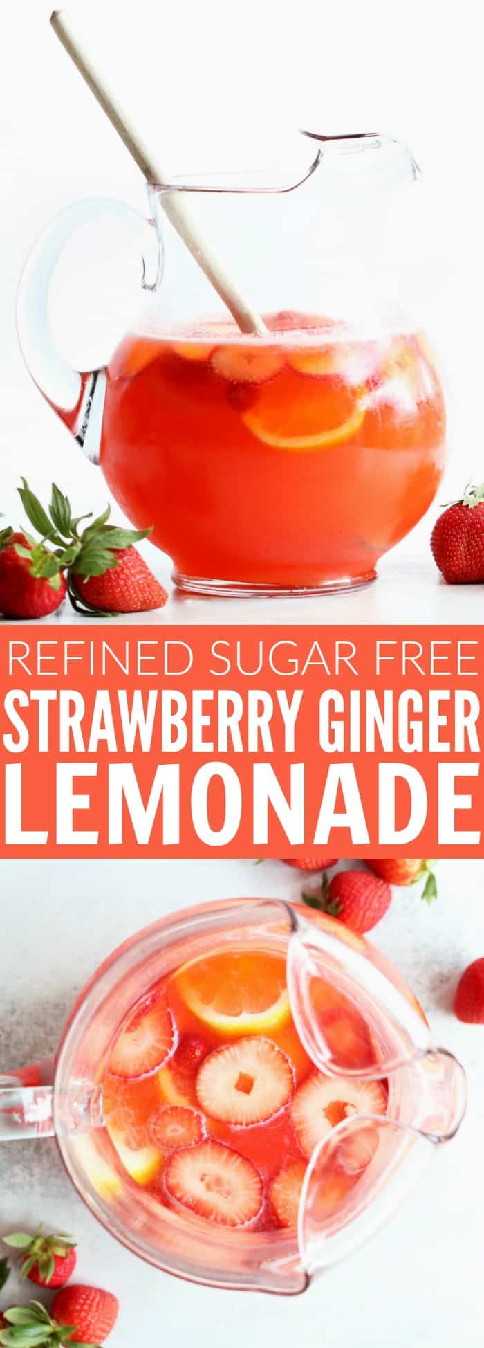 You guys are going to love this strawberry ginger lemonade!! It's refined sugar free, only a few, fresh ingredients, and perfect for a fun brunch, celebration, or any day of the week! thetoastedpinenut.com #sugarfree #lemonade #strawberry #ginger #beverage #drink #easter #brunch #bridalshower #babyshower