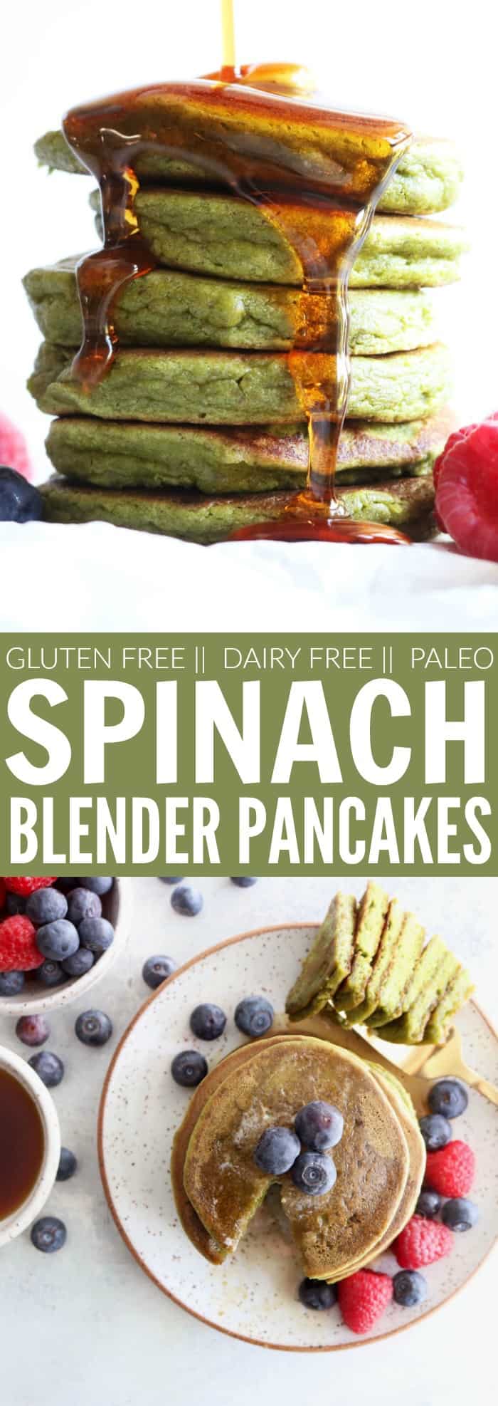 These Spinach Blender Pancakes are perfect for your St. Patrick's Day celebration or any weekend brunch! I love that they're packed with nutrients from the spinach, gluten free, and paleo! thetoastedpinenut.com #glutenfree #paleo #pancakes #spinach #blender #healthy #stpaddysday #stpatricksday #thetoastedpinenut #brunch #breakfast