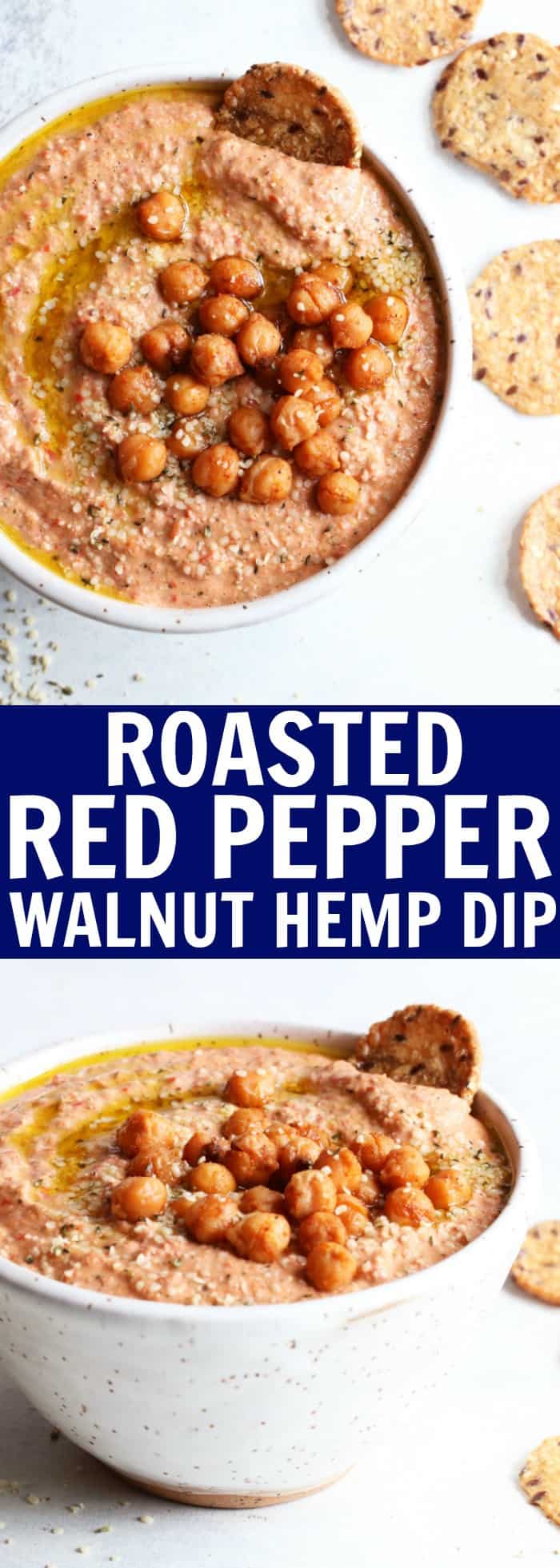 This Roasted Red Pepper Walnut Hemp Dip is the perfect appetizer for your next brunch or gathering! It's nutty, creamy, and delicious served hot or cold! thetoastedpinenut.com #appetizer #dip #vegetarian #glutenfree #roasted #redpepper #walnut #hemp #feta #thetoastedpinenut