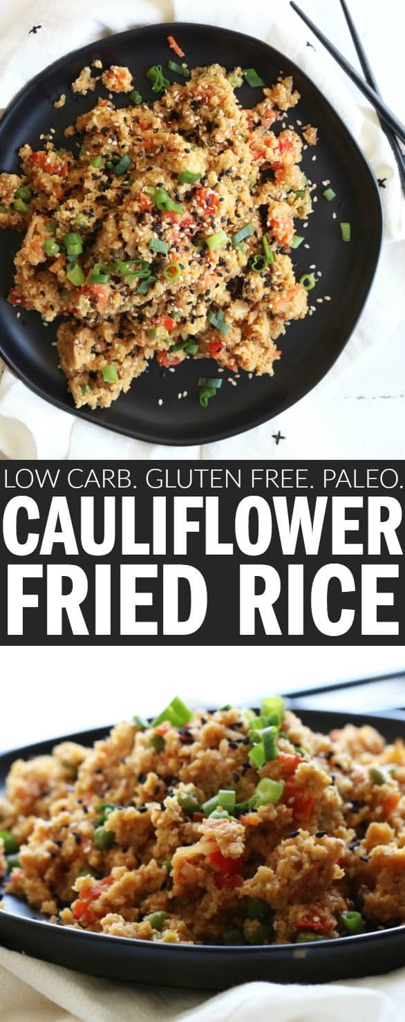 Satisfy that Chinese food craving with this Cauliflower Fried Rice! So simple to make, low carb, gluten free, and full of flavor. It's such an easy dish for a weeknight meal or weekly meal prep! thetoastedpinenut.com #thetoastedpinenut #lowcarb #glutenfree #chinesefood #cauliflower #fried #rice #weeknightmeal #mealprep