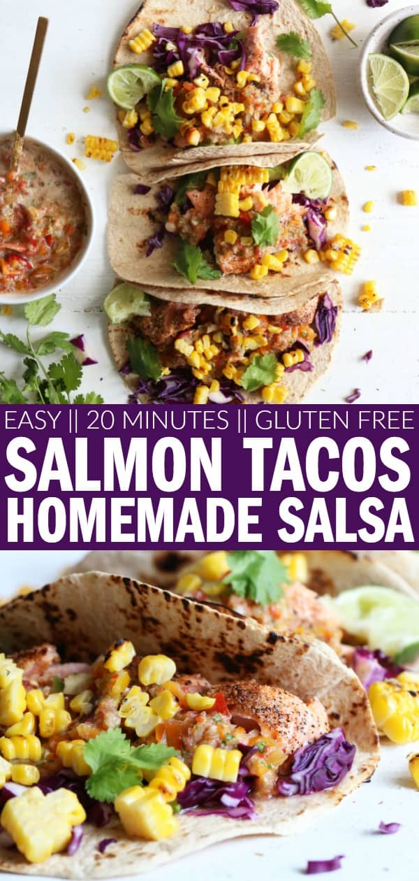 These 20 minute Salmon Tacos + Homemade Salsa recipe will be your new summer favorite. It's tasty enough to be a special occasion dinner, and easy enough to be a weeknight meal! thetoastedpinenut #thetoastedpinenut #salmon #tacos #fish #summer #recipe #corn #homemade #diy #howto #salsa