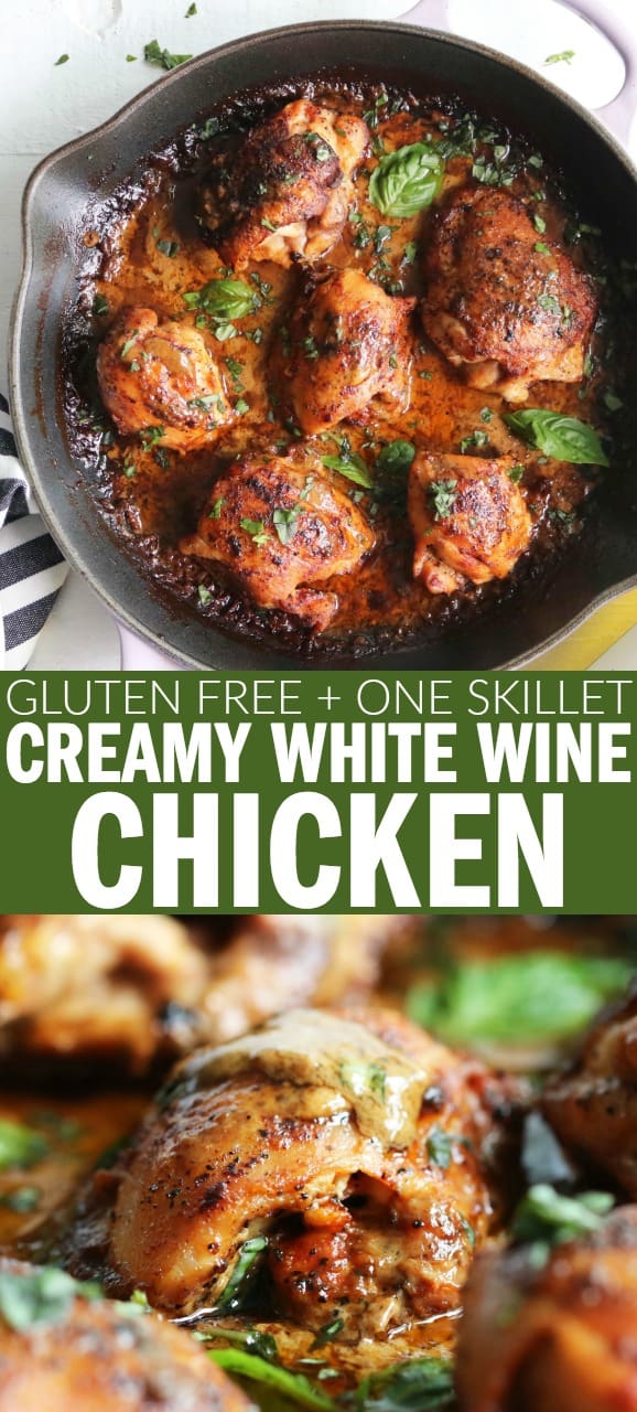 You'll love this decadent and indulgent one skillet creamy white wine chicken dinner! It's gluten free and super simple to make! Everyone at the table will be fighting over the extra sauce!! thetoastedpinenut.com #thetoastedpinenut #oneskillet #onepan #dinner #meal #creamy #whitewine #sauce #chicken #glutenfree
