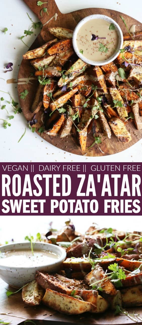 These Roasted Za'atar Sweet Potato Fries + Tahini Dip make the perfect snack or side dish! They're fresh, flavorful, gluten free, vegan, and dairy free! thetoastedpinenut.com #thetoastedpinenut #zaatar #sweetpotato #fries #tahini #glutenfree #dairyfree #vegan #snack