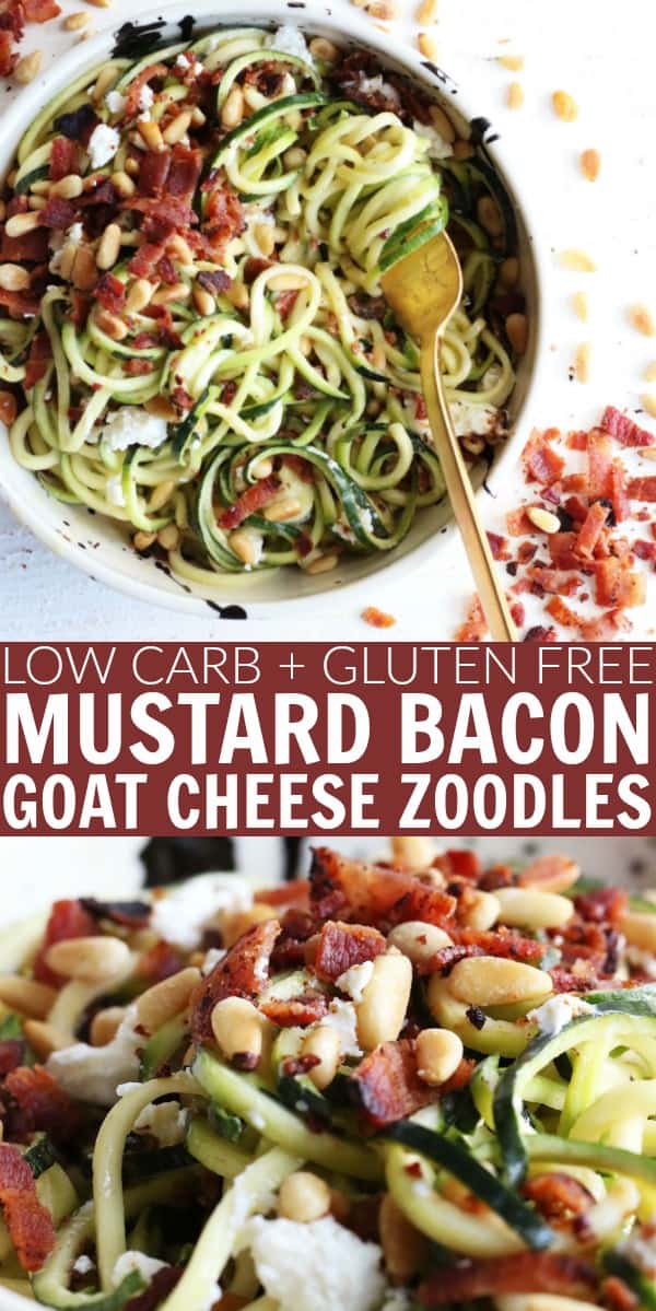 You'll love these low carb and gluten free Mustard Bacon Goat Cheese Zoodles!! Such quick and flavorful meal to whip up for an easy weeknight dish. thetoastedpinenut.com #thetoastedpinenut #zoodles #mustard #bacon #goatcheese #lowcarb #glutenfree #spiralizing #spiralizer #dinner #weeknightmeal #easydinner