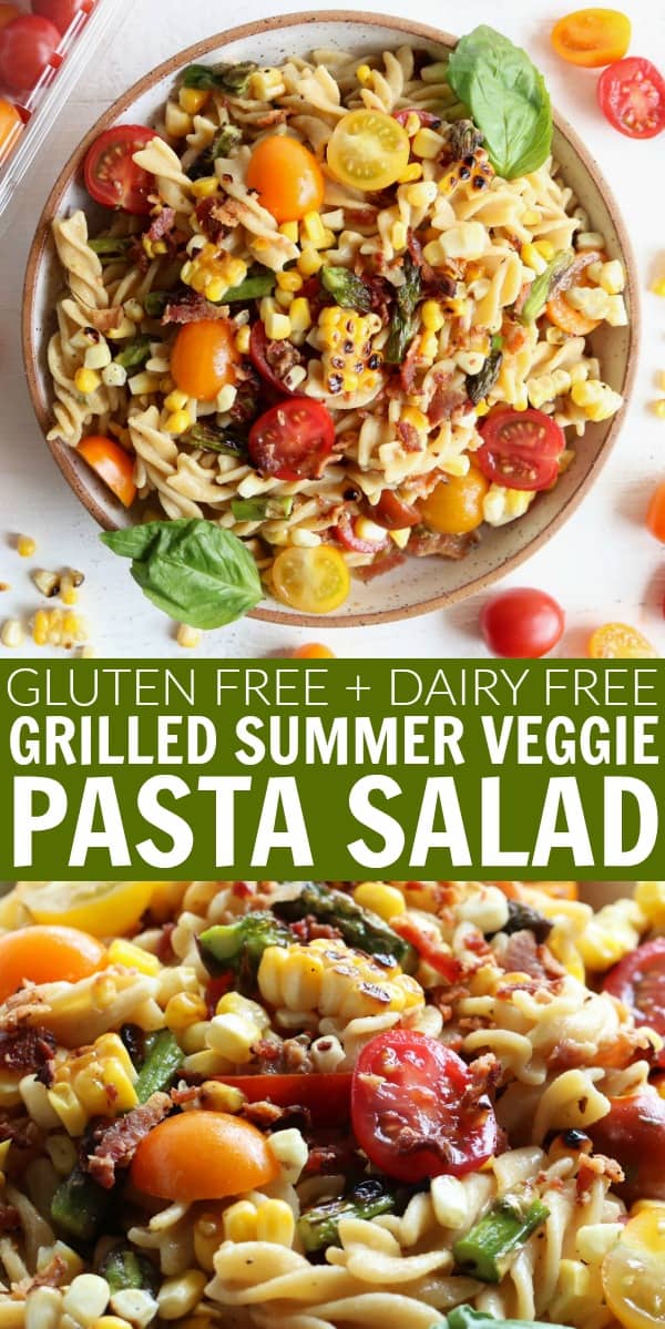 This Grilled Summer Veggie Pasta Salad is the perfect gluten free dish to bring to your next potluck or summer barbecue!! It's packed with flavor and the lemon basil dressing is to die for!! thetoastedpinenut.com #thetoastedpinenut #summer #veggies #grilled #grilling #pastasalad #chickpea #pasta #dairyfree