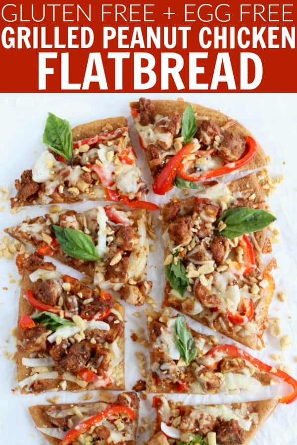 LOVE this Grilled Peanut Chicken Flatbread! It's the perfect flavor packed gluten free meal that will put a smile on everyone's face!! thetoastedpinenut.com #thetoastedpinenut #glutenfree #eggfree #grilled #peanut #chicken #flatbread #weeknight #meal #dinner