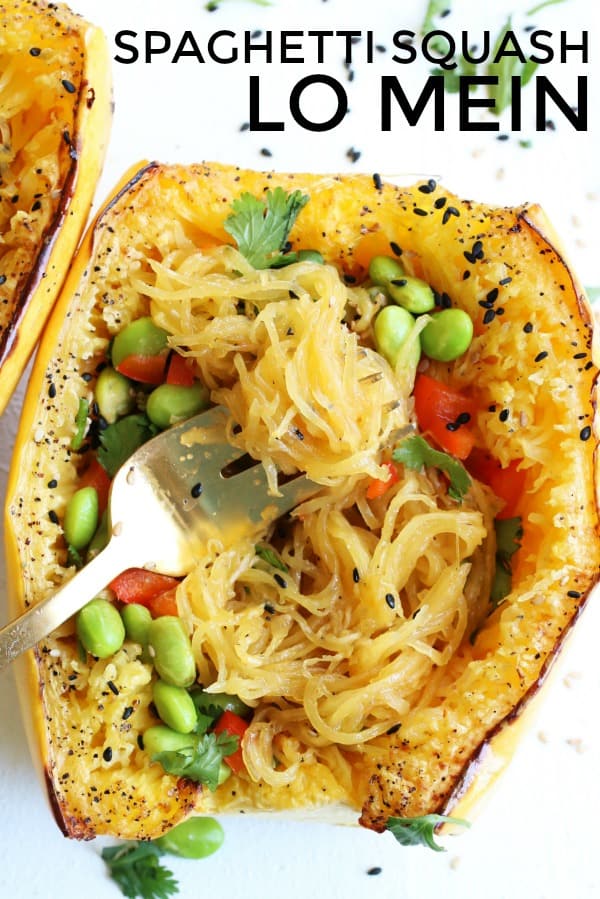 You'll love this gluten free + vegan Spaghetti Squash Lo Mein!! It's just a couple steps to whip together for an easy weeknight meal or meal prep! thetoastedpinenut.com #thetoastedpinenut #glutenfree #vegan #dairyfree #spaghetti #squash #spaghettisquash #lomein #weeknightmeal #mealprep
