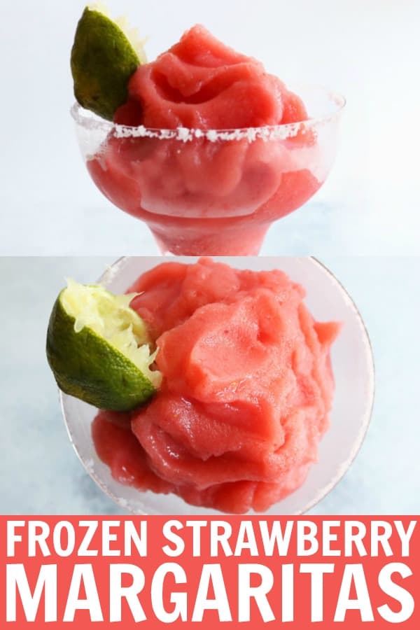 Delicious and refreshing frozen strawberry margaritas that are guaranteed to get the party started! Perfect for cinco de mayo or any fun fiesta! thetoastedpinenut.com #thetoastedpinenut #frozen #slushy #strawberry #margarita #cocktail