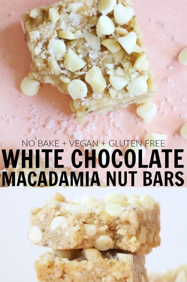 if you guys love freshly baked macadamia nut cookies, you are going to die for these no bake, vegan and gluten free white chocolate macadamia nut bars!! thetoastedpinenut.com #thetoastedpinenut #nobake #vegan #glutenfree #dessert #whitechocolate #macadamianut #bars #energybars #snack #dairyfree