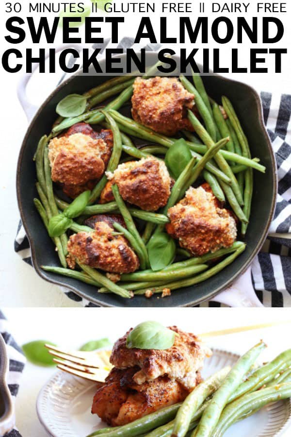 This One Skillet Sweet Almond Chicken + Green Beans is the perfect weeknight meal! It comes together in 30 quick minutes and only dirties one skillet! thetoastedpinenut.com #thetoastedpinenut #oneskillet #onepan #30minute #weeknightmeal #dinner #glutenfree #dairyfree #chickenthighs #chicken #greenbeans