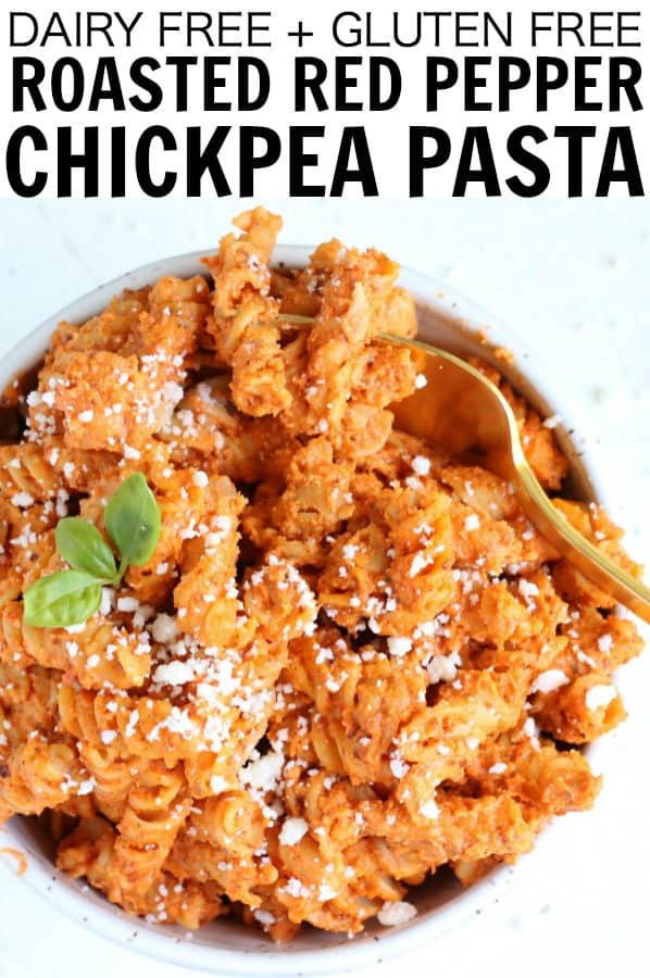The easiest dairy free and gluten free chickpea pasta with Roasted Red Pepper Sauce!! It's packed with flavor and you can literally put it on everything!! thetoastedpinenut.com #thetoastedpinenut #roasted #redpepper #sauce #dip #dairyfree #glutenfree#vegansauce #chickpeapasta #pastasalad
