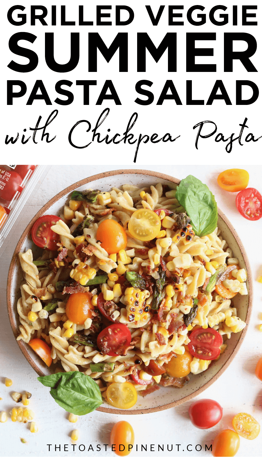 This Grilled Summer Veggie Pasta Salad is the perfect gluten free dish to bring to your next potluck or summer barbecue!! It's packed with flavor and the lemon basil dressing is to die for!! thetoastedpinenut.com #thetoastedpinenut #summer #veggies #grilled #grilling #pastasalad #chickpea #pasta #dairyfree