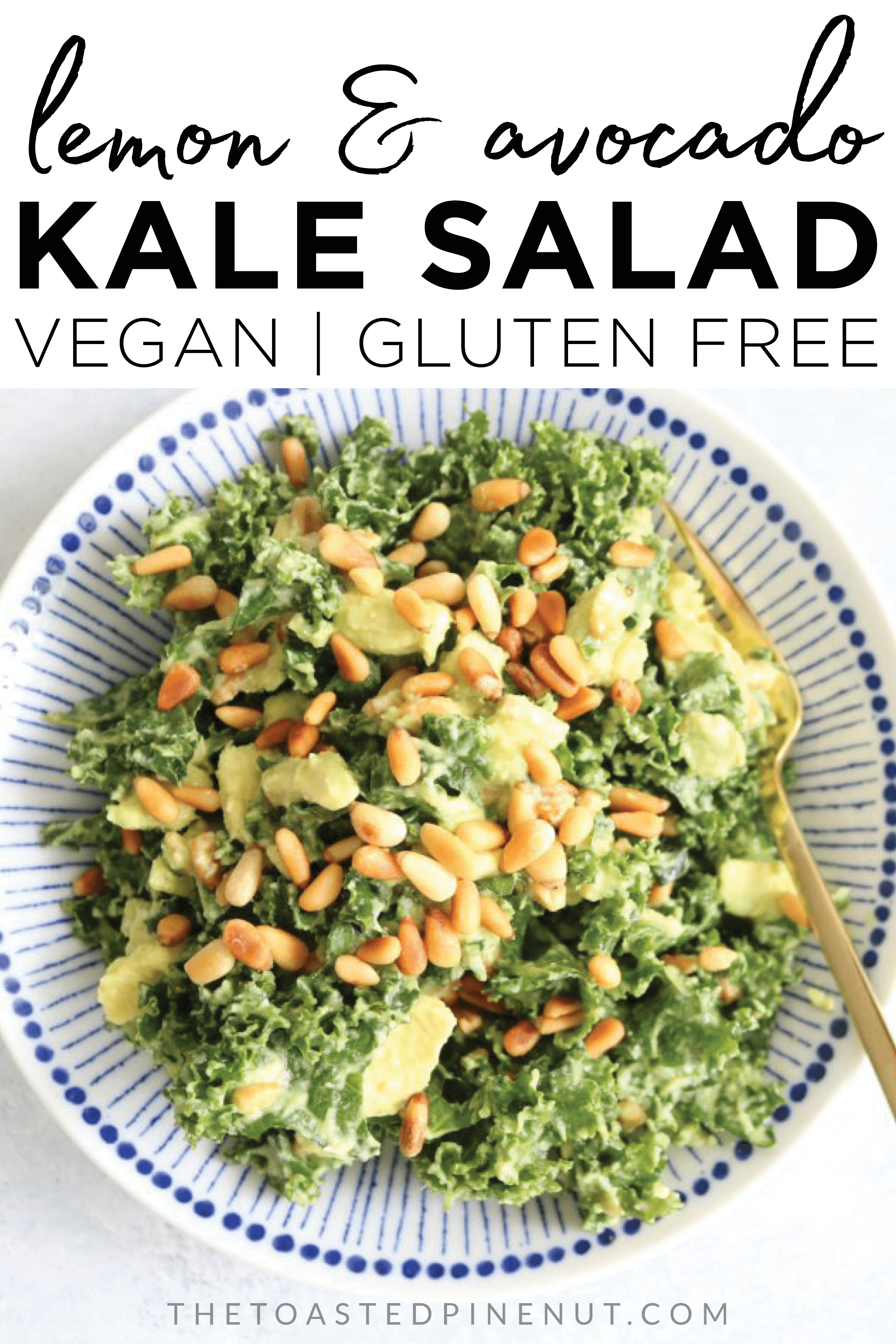 The best kale salad ever!! The avocado, lemon, and pine nuts add such a nice touch and it's so easy! I'm telling you, this is your new favorite salad! thetoastedpinenut.com #salad #lowcarb #glutenfree #paleo #vegan #kale #kalesalad #avocado #avocadodressing