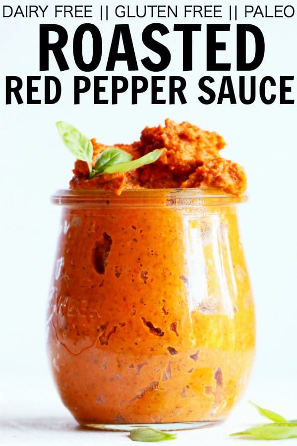The easiest dairy free and paleo Roasted Red Pepper Sauce!! It's packed with flavor and you can literally put it on everything!! thetoastedpinenut.com #thetoastedpinenut #roasted #redpepper #sauce #dip #dairyfree #glutenfree #paleo #vegansauce
