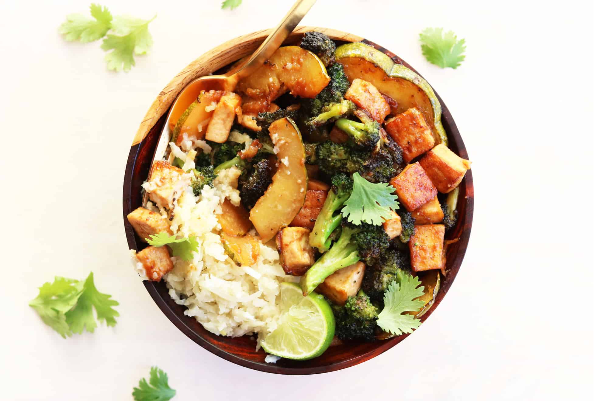 Spicy Peanut Tofu Broccoli + Squash Bowl
