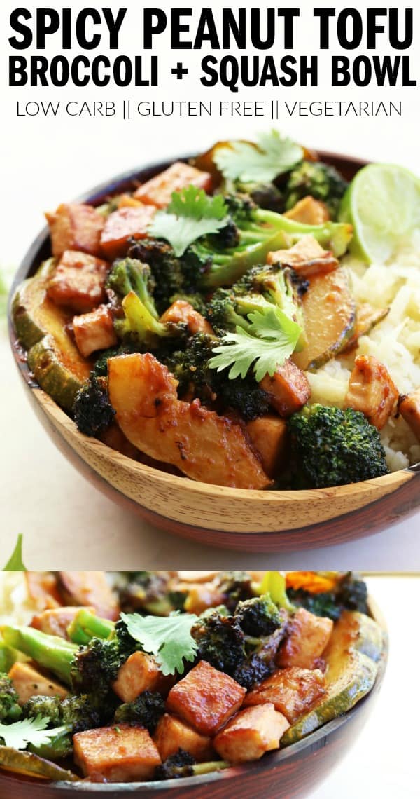 I love making this simple Spicy Peanut Tofu Broccoli + Squash Bowl for an easy vegetarian weeknight meal! Delicious gluten free and low carb recipe! thetoastedpinenut.com #thetoastedpinenut #tofu #tofurecipe #broccoli #spicy #peanut #spicypeanutsauce #peanutsauce #lowcarb #glutenfree #glutenfreedinner #easyrecipe #vegetarian #vegetariandinner #vegetarianrecipe