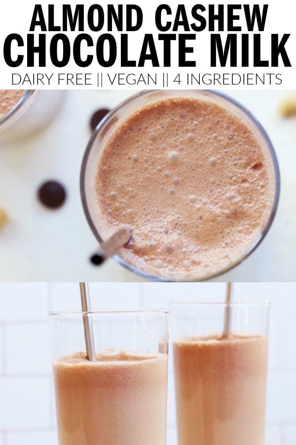 Easy dairy free Almond Cashew Chocolate Milk that you can make in your blender! Only four ingredients and a wholesome drink your family will love! thetoastedpinenut.com #thetoastedpinenut #almondmilk #dairyfree #chocolatemilk #dairyfreemilk #dairyfreechocolatemilk #vegandrink #veganmilk