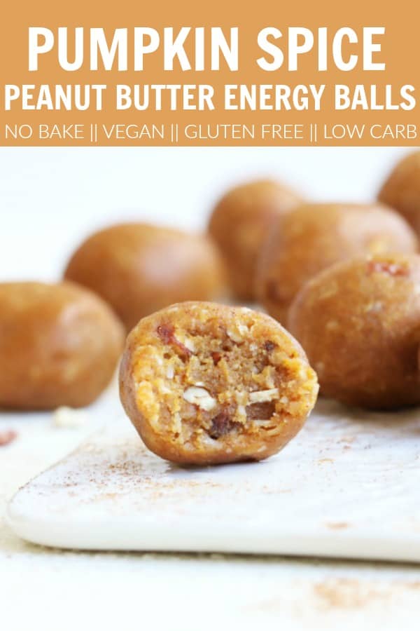 Make a batch of these Pumpkin Spice Peanut Butter Energy Balls for an easy and delicious snack that's gluten free and vegan! Perfect for meal prep! thetoastedpinenut.com #thetoastedpinenut #pumpkin #pumpkinpuree #pumpkinspice #glutenfree #vegan #energyballs #blissballs #nobake #glutenfreedessert #vegandessert