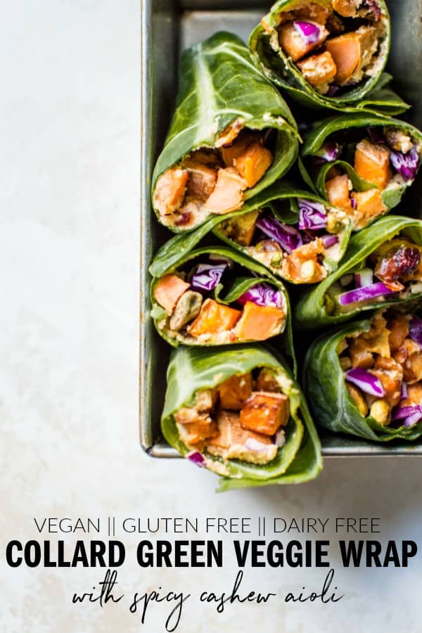 Want an easy, veggie packed lunch that doesn't disappoint on flavor? You'll love these Collard Green Veggie Wrap + Spicy Aioli! They're vegan + gluten free! thetoastedpinenut.com #thetoastedpinenut #vegan #glutenfree #dairyfree #collardgreen #collardgreenwrap #veggiewrap #vegetables #cashew #aioli