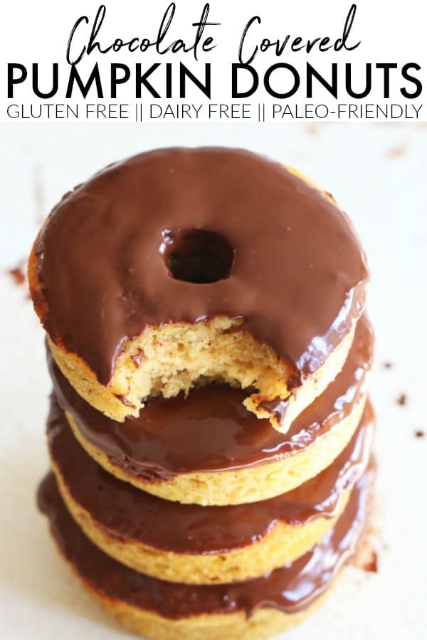 You'll love these FLUFFY Chocolate Covered Pumpkin Donuts!! They're gluten free, dairy free, and the perfect dessert recipe for fall! thetoastedpinenut.com #thetoastedpinenut #chocolateicing #pumpkin #pumpkinspice #pumpkindonuts #glutenfree #glutenfreedonuts #dairyfree #dairyfreedonuts