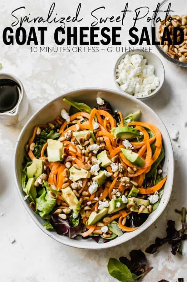A light lunch or side salad that is easy to whip together and fun to eat with the spiralized sweet potatoes. Packed with textures and flavors you'll love! thetoastedpinenut.com #thetoastedpinenut #spiralized #spiralizer #spiralizing #sweetpotato #spiralizedsweetpotato #goatcheese #salad #glutenfree #sidesalad