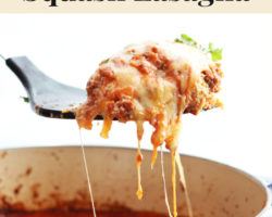 side view of a spatula pulling up a cheesy slice of butternut squash lasagna with text overlay "gluten free butternut squash lasagna"