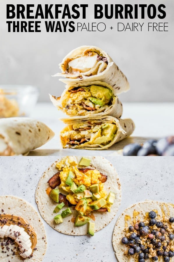 Easy and delicious breakfast burritos - three ways! Make these ahead for a quick and healthy, grab and go breakfast recipe! thetoastedpinenut.com #thetoastedpinenut #breakfast #burrito #breakfastburrito #paleo #paleobreakfast #glutenfree #glutenfreebreakfast #dairyfree #dairyfreebreakfast #eggs #bacon #peanutbutter