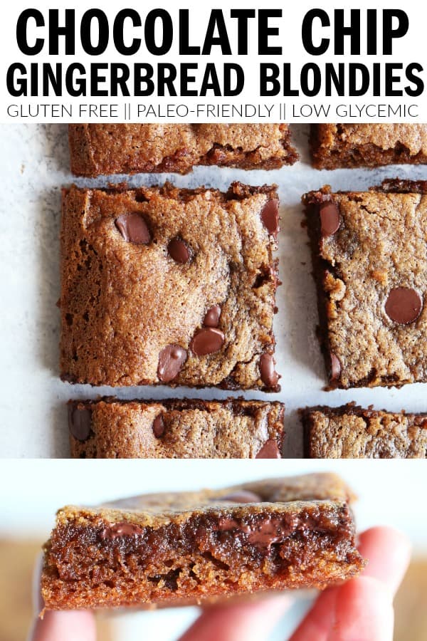 These gluten free Chocolate Chip Gingerbread Blondies are the perfect way to kick off gingerbread season! Enjoy the perfect balance of spice and CHOCOLATE! thetoastedpinenut.com #thetoastedpinenut #chocolatechip #gingerbread #blondies #glutenfree #paleofriendly #glutenfreedessert #lowglycemic #almondflour #coconutsugar