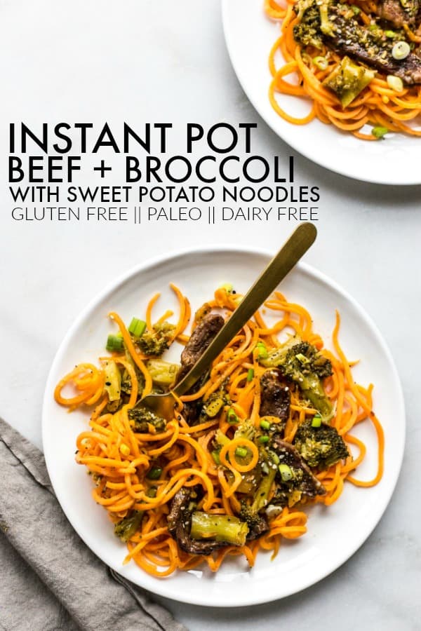 Add this Instant Pot Beef Broccoli + Sweet Potato Noodles to your weekly lineup! It's gluten free, paleo, and made all in one pot! thetoastedpinenut.com #thetoastedpinenut #instantpot #beef #broccoli #beefandbroccoli #sweetpotatonoodles #spiralized #spiralizer #glutenfree #glutenfreerecipe #glutenfreeinstantpot #paleo #paleorecipe #paleoinstantpot #dairyfree #dairyfreerecipe #dairyfreeinstantpot