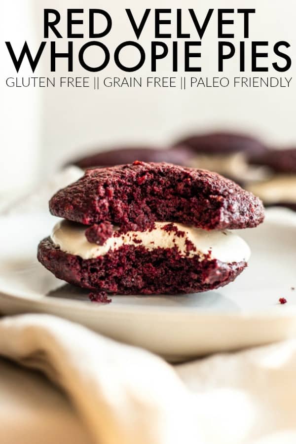 These grain free red velvet whoopie pies are filled with a thick and luscious homemade marshmallow cream and are the perfect dessert! thetoastedpinenut.com #thetoastedpinenut #glutenfree #grainfree #paleofriendly #redvelvet #whoopiepies #cookies #glutenfreecookies #grainfreecookies #refvelvetcookies #redvelvetwhoopiepies