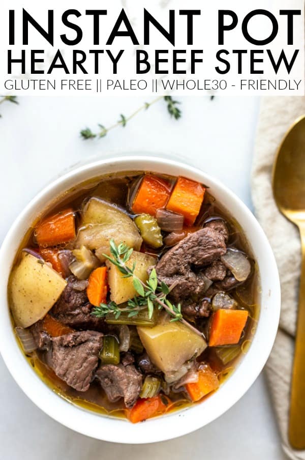 Stay warm and cozy this winter with this Instant Pot Beef Stew! It's paleo, gluten free, and whole30-friendly! It's such a hearty, filling, and tender stew! thetoastedpinenut.com #thetoastedpinenut #instantpot #beef #beefstew #stew #glutenfree #soup #paleo #paleostew #paleosoup #whole30 #whole30friendly