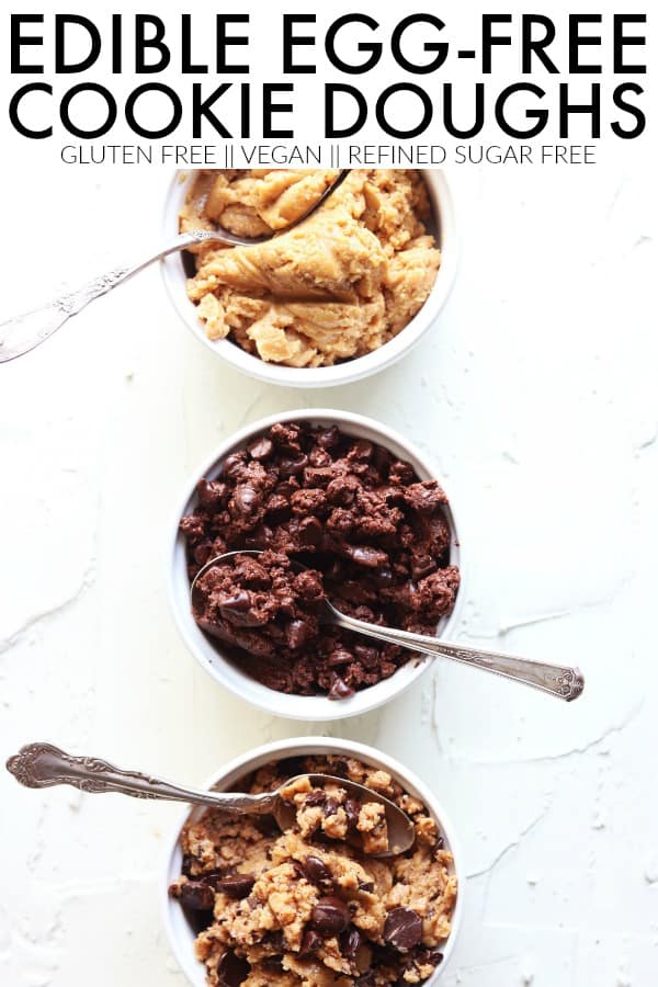 Satisfy your sweet tooth with these Three Edible Cookie Dough Recipes! You'll love these egg-free, vegan, and gluten free edible cookie doughs! thetoastedpinenut.com #thetoastedpinenut #cookiedough #ediblecookiedough #vegancookiedough #healthycookiedough #glutenfree #glutenfreecookiedough