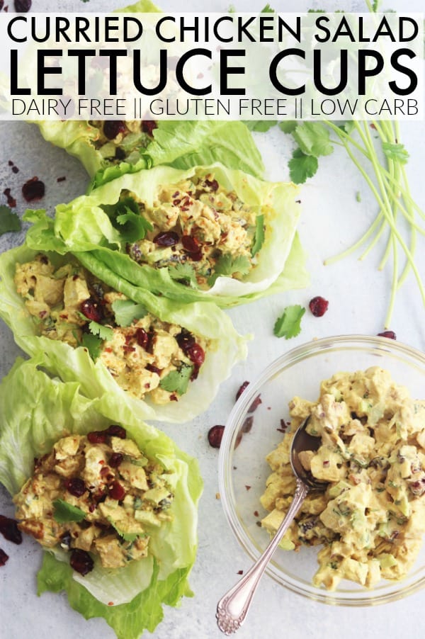 You have got to make a batch of this dairy free and low carb Curried Chicken Salad Lettuce Cups for your lunches this week! They're so flavorful!! thetoastedpinenut.com #thetoastedpinenut #curry #chickensalad #lettucewraps #lettucecups #dairyfree #dairyfreechickensalad #healthychickensalad #chicken #currychickensalad #curriedchickensalad #mealprep #mealpreplunch #mealpreplunches #easylunches 