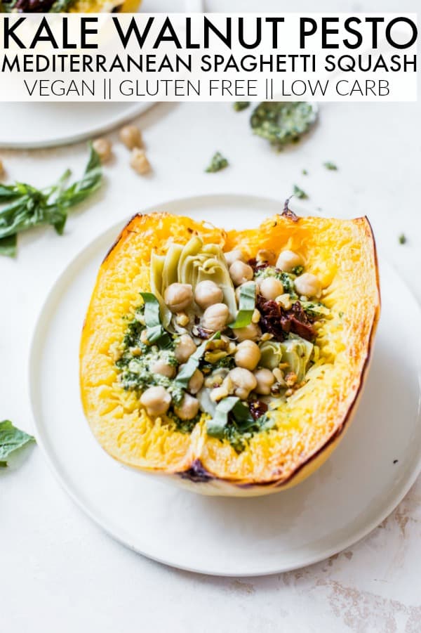 You'll love this Mediterranean Spaghetti Squash + Kale Walnut Pesto for a tasty vegan #meatlessmonday meal! It's low carb, gluten free, and full of flavor. thetoastedpinenut.com #thetoastedpinenut #spaghettisquash #mediterranean #kale #pesto #kalepesto #glutenfreedinner #lowcarb #lowcarbdinner #vegan #vegandinner