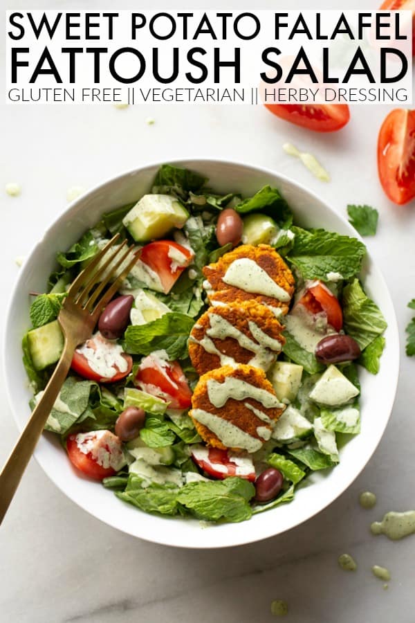 This Fattoush Salad has chopped tomatoes, cucumber, crispy baked sweet potato falafel, and the best blender herb dressing. thetoastedpinenut.com #thetoastedpinenut #falafel #sweetpotatofalafel #falafelrecipe #glutenfreefalafel #fattoush #fattoushsalad #fattoushrecipe #mealprep #healthydinner #healthysalad #healthylunch