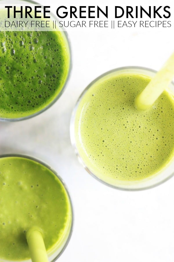 Start your morning on a green note with these three dairy free, sugar free green smoothies! They're packed with healthy ingredients to fuel you for the day. thetoastedpinenut.com #thetoastedpinenut #greendrink #greensmoothie #greenjuice #smoothie #smoothierecipe #healthysmoothie #healthysmoothierecipe #dairyfree #dairyfreesmoothie #sugarfreesmoothie #sugarfreedrink #easyrecipe #easysmoothierecipe