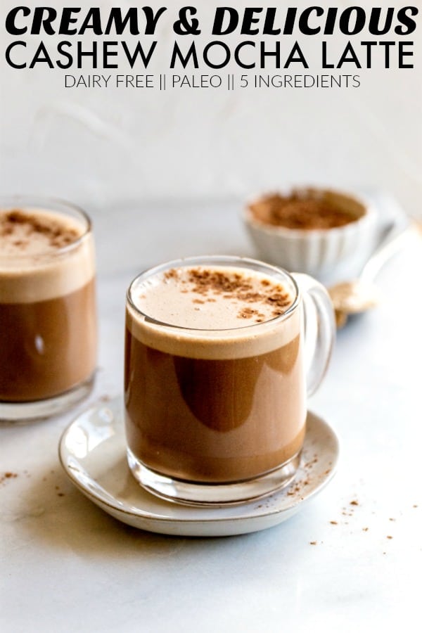 Deliciously creamy and frothy Dairy Free Cashew Mocha Latte that makes for the perfect healthy alternative to your coffee shop treat. thetoastedpinenut.com #thetoastedpinenut #dairyfree #dairyfreecoffee #dairyfreecashewcoffee #cashewcoffee #mocha #mochalatter #dairyfreelatte #latte #paleolatte #healthylatte