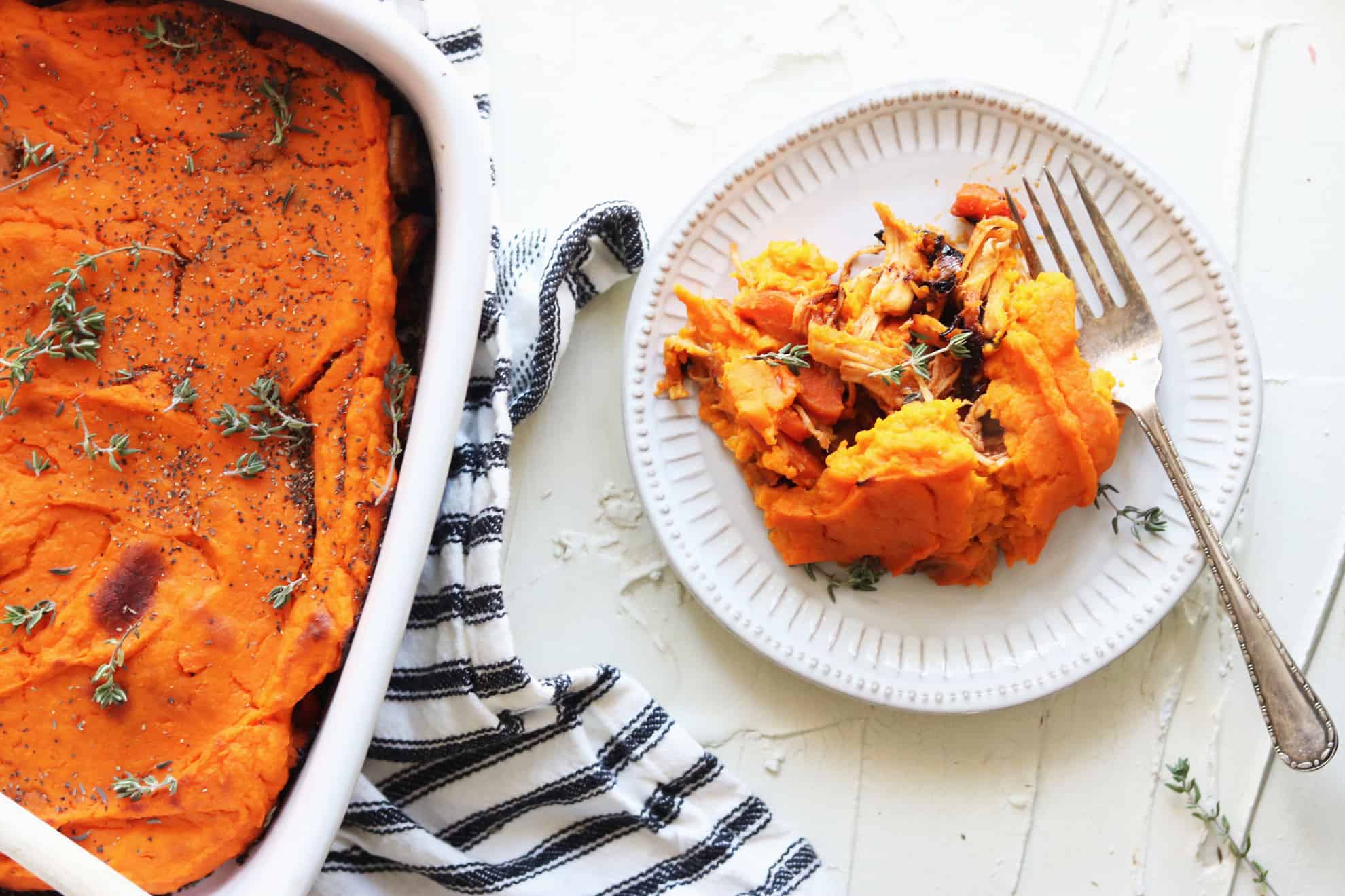 Shredded Chicken + Sweet Potato Shepherd's Pie Shredded Chicken + Sweet Potato Shepherd's Pie