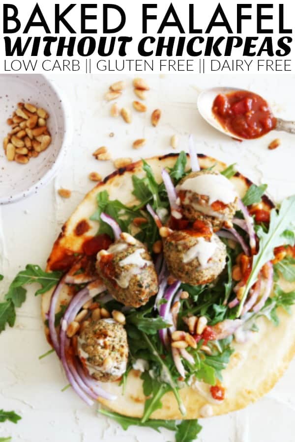 If you want to make falafel but don't have chickpeas, you HAVE to make these Homemade Baked Falafel Balls! They're nut based and made without chickpeas! thetoastedpinenut.com #thetoastedpinenut #falafel #bakedfalafel #falafelwithoutchickpeas #lowcarbfalafel #glutenfreefalafel #dairyfreefalafel #healthyfalafel #healthyfalafelrecipe #lemontahini #tahini #lemontahinidressing #lemontahinisauce