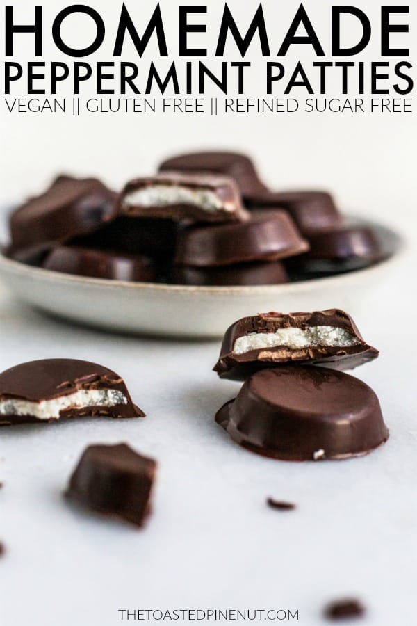 Make these four ingredient vegan Homemade Peppermint Patties to stash in your fridge for your nightly sweet tooth, they do not disappoint! thetoastedpinenut.com #thetoastedpinenut #peppermintpatties #copycatrecipe #yorkpeppermintpatties #homemade #healthypeppermintpatties #veganpeppermintpatties #sugarfreepappermintpatties #vegandessert #glutenfreedessert