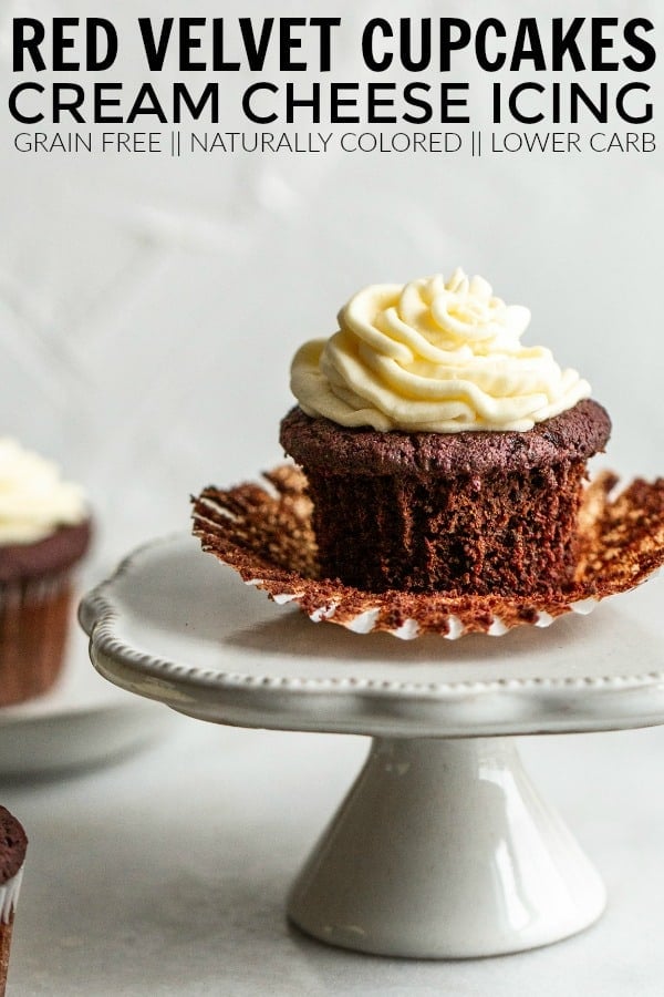 Celebrate love with this recipe for Grain Free Red Velvet Cupcakes + Cream Cheese Icing! They're naturally colored with beet juice and so pretty! thetoastedpinenut.com #thetoastedpinenut #cupcakes #grainfreecupcakes #glutenfreecupcakes #redvelvet #redvelvetcupcakes #redvelvetdessert #redvelvetcake #creamcheese #creamcheeseicing #naturallycolored #naturalfoodcoloring #creamcheese #creamcheeseicing