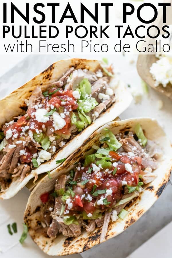 I'm obsessing over these Instant Pot Pulled Pork Tacos + Fresh Pico de Gallo because they're so simple to make, they're juicy, tender, and so flavorful! thetoastedpinenut.com #thetoastedpinenut #instantpot #instantpotrecipes #instantpotpork #pulledpork #pulledporktacos #tacos #tacotuesday #porktacos #picodegallo #homemadepicodegallo #weeknightdinner #easydinner #lowcarbdinner