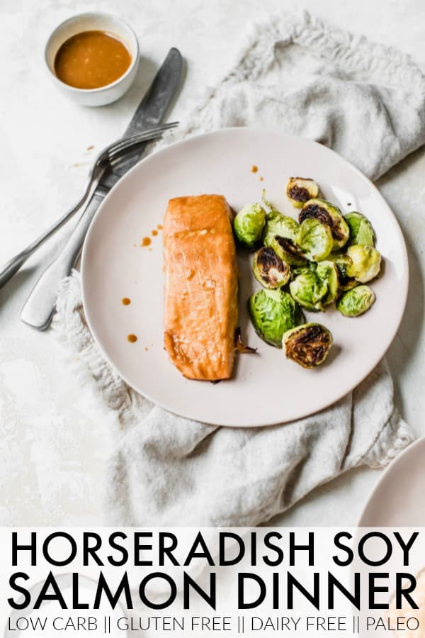 Make this easy peasy Horseradish Soy Salmon for a quick low carb dinner! I love the horseradish soy sauce for a fun saucy kick! thetoastedpinenut.com #thetoastedpinenut #salmon #salmondinner #soysalmon #horseradish #lowcarbsalmondinner #lowcarbdinner #paleosalmon #paleorecipe #paleodinner