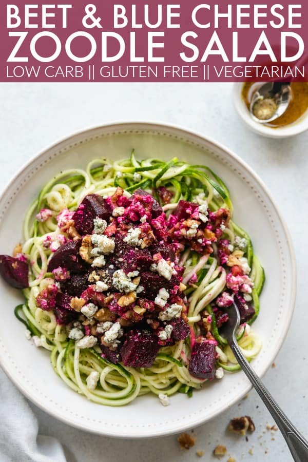 The beets and blue cheese are the perfect balance of creamy decadence and earthy nutrients. Twirl them up with a crunchy zoodle base and enjoy! thetoastedpinenut.com #thetoastedpinenut #beets #beetsalad #zoodles #spiralizer #lowcarbrecipes #vegetarianrecipes #healthylunch