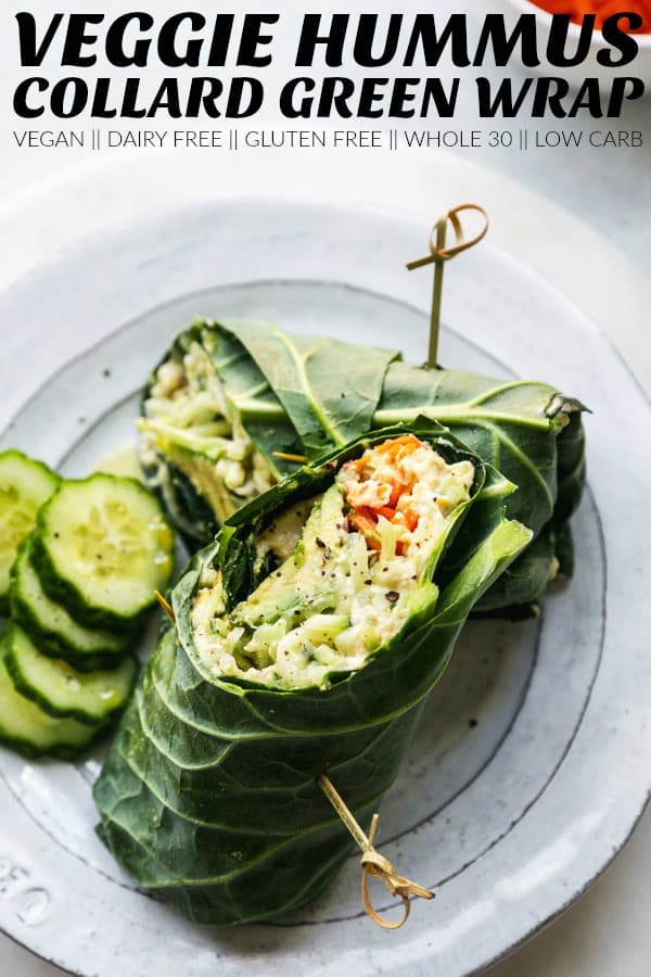 Make this crunchy and flavorful Hummus Veggie Collard Green Wrap for lunch! It makes for a refreshing and hearty veggie-packed meal! thetoastedpinenut.com #veggiewrap #collardgreenwrap #veganlunch #vegetarianlunch #collardgreens