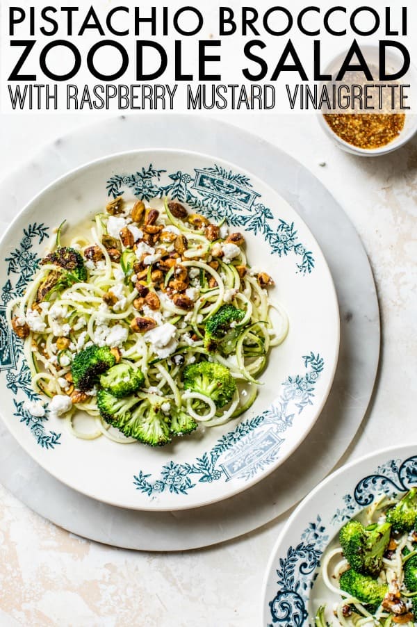 You'll love this quick and easy Broccoli Pistachio Zoodle Salad with raspberry mustard vinaigrette! So flavorful and full of fun textures! thetoastedpinenut.com #thetoastedpinenut #zoodles #zoodlesalad #spiralizerrecipes #zoodlerecipes