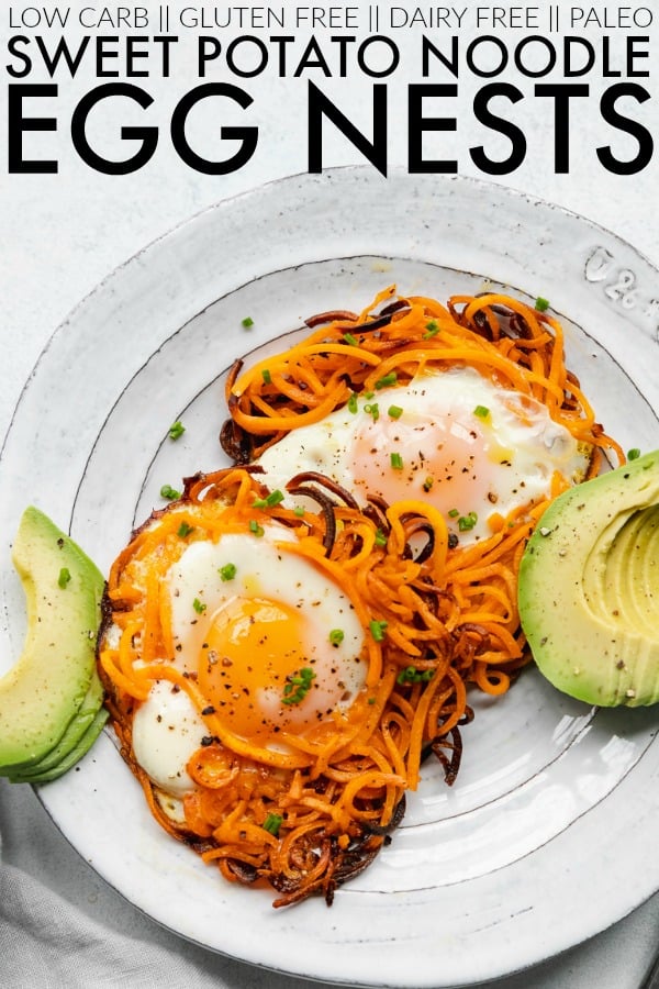 Whip together these easy spiralized sweet potato noodle egg nests for your next brunch! It's such a fun and adorable way to eat your morning eggs! thetoastedpinenut.com #thetoastedpinenut #spiralizer #spiralized #veggienoodles #sweetpotatonoodles #egg #eggnests #eggbreakfast #spiralizedsweetpotato