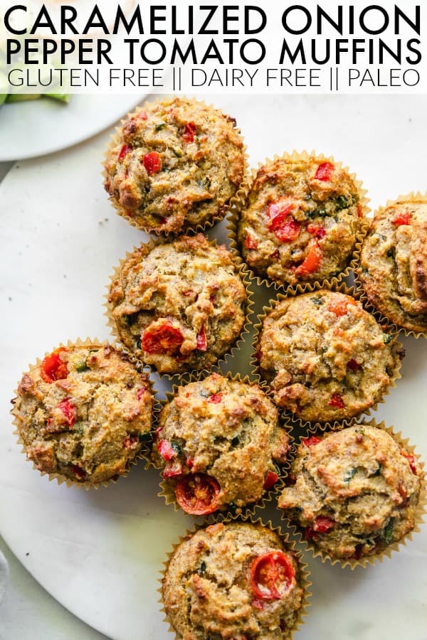 Delicious Caramelized Onion + Pepper Muffins which are an amazing addition to any bread basket! Spread some hummus on them or dip in oil and balsamic! thetoastedpinenut.com #thetoastedpinenut #glutenfreemuffins #paleomuffins #savorymuffins #glutenfreebread