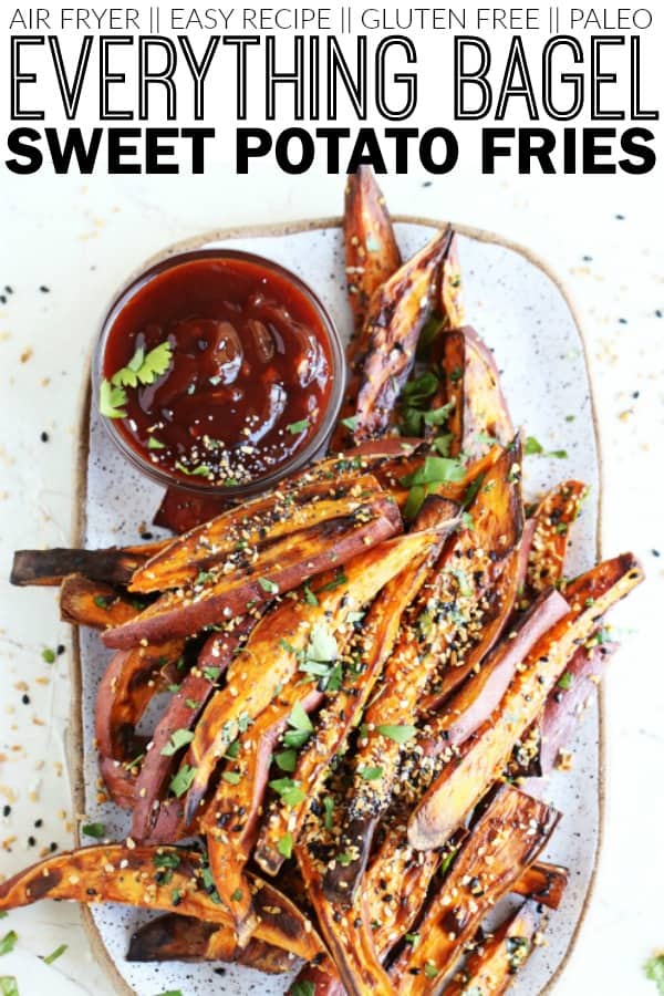 These air fryer Everything Bagel Sweet Potato Fries + Chipotle Ketchup are the perfect flavor-packed snack! They're an easy side dish or appetizer loaded! thetoastedpinenut.com #thetoastedpinenut #everythingbagel #everythingbagelseasoming #airfryer #airfryerrecipe #sweetpotato #fries #chipotle #ketchup #snack #healthysnack